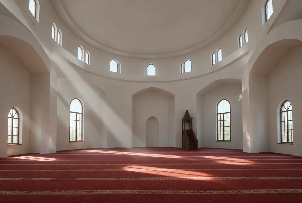 Boş bir caminin sade kubbesinden içeri süzülen gün ışığı