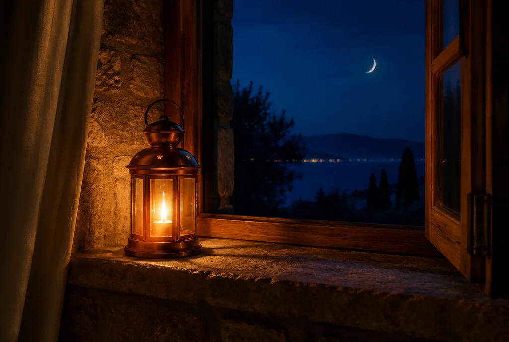 Gece pencere kenarında yanan bakır fener ve dışarıda hilal