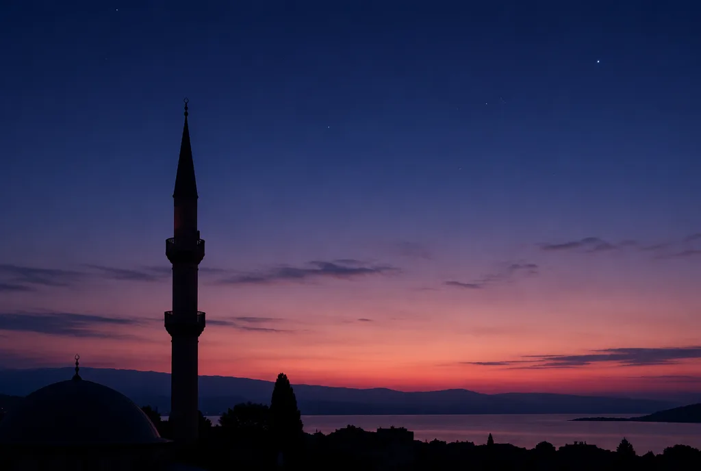 Şafak öncesi gökyüzünde minare silueti ve son yıldızlar