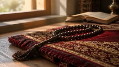 La ilahe illallah zikri için seccade üzerinde duran ahşap tesbih