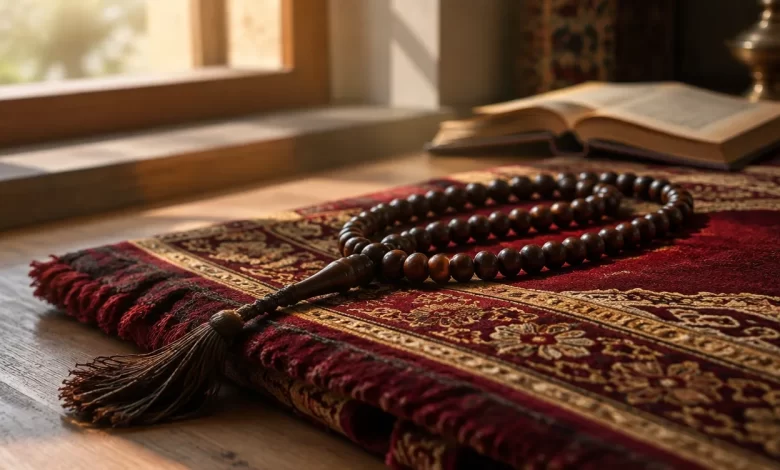 La ilahe illallah zikri için seccade üzerinde duran ahşap tesbih