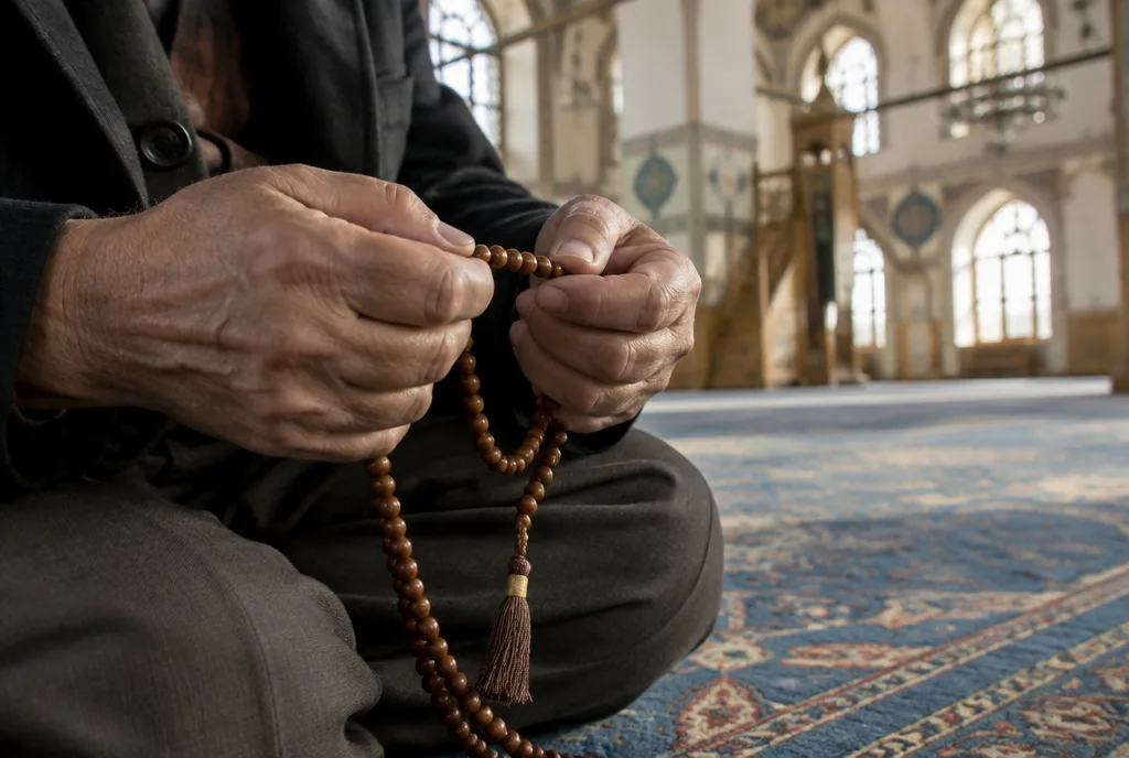 Camide halı üzerinde oturarak tesbih çeken yaşlı bir adamın elleri