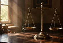 Yumuşak ışık altında ahşap masada duran eski pirinç bir terazi
