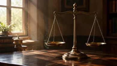 Yumuşak ışık altında ahşap masada duran eski pirinç bir terazi