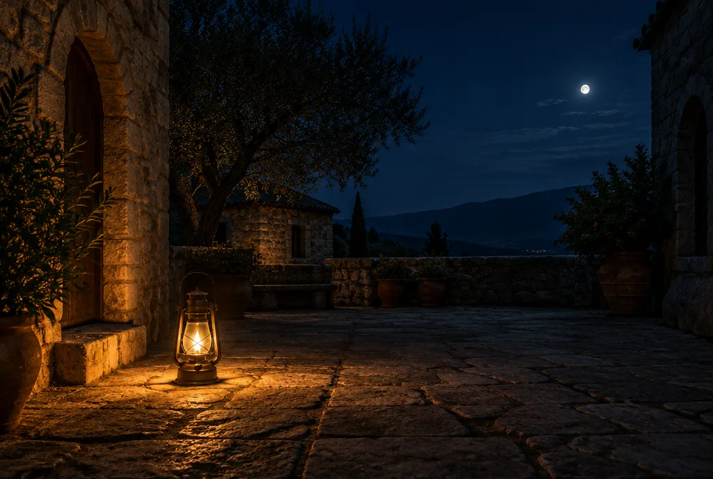 Gece karanlığında tek bir kandilin aydınlattığı eski taş bir avlu